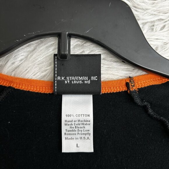 Harley Davidson Cap Sleeve V neck Shirt Black Orange Side Spell Out Logo Size L - Picture 7 of 8